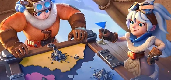 Cuki rajzfilmfigurák, akik egy stratégiai térképasztal körül tervezik a küldetésüket, sarkvidéki ruhákban és játékos 3D animációs stílusban.