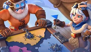 Cuki rajzfilmfigurák, akik egy stratégiai térképasztal körül tervezik a küldetésüket, sarkvidéki ruhákban és játékos 3D animációs stílusban.