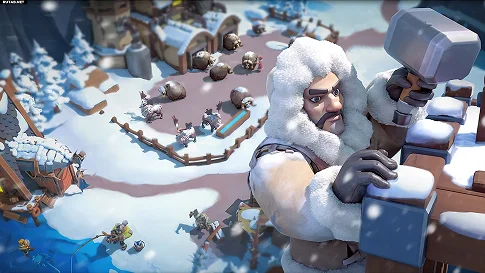 Szakállas téli harcos, aki egy fából készült toronyból építi vagy védi a havas falut, felülről nézve, színes stratégiai játék stílusban.