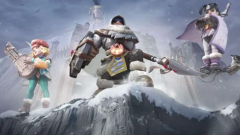 Fantasy hősök fegyverrel a kezükben állnak egy havas hegycsúcson, és stilizált kalandjelenetben nézik a fagyos tájat.