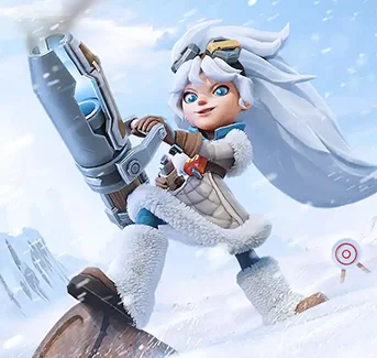 Stilizált téli kalandfigura, aki futurisztikus jégfúvót tart a kezében egy havas tájban, jéghegyekkel a háttérben.