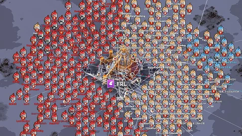 Felülnézetes stratégiai játék térkép, amely egy hatalmas szövetségi csatát ábrázol, több száz játékos jelölővel, amelyek egy központi erődöt vesznek körül.