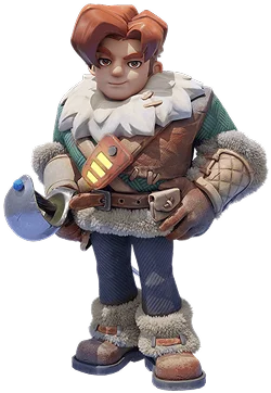 Stilizált 3D téli kalandor karakter, szőrmebéléses ruhában, egy mobil fantasy játékban szereplő kütyüvel a kezében.