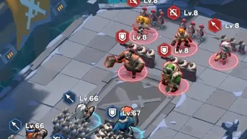 Mobil stratégiai csatatér képernyőképe, amely a szintjelzőkkel és taktikai pozíciókkal ellátott egységeket mutatja egy rácsos csatatéren.