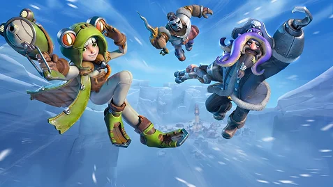 Játékos fantáziafigurák száguldanak a jeges égen, kütyükkel és téli ruhákban, egy élénk animációs akciójelenetben.