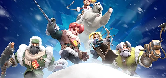 Téli fantasy hősökből álló csapatot ábrázoló műalkotás, amelyen stilizált kalandorok és egy jegesmedve társuk látható egy havas akciójelenetben.