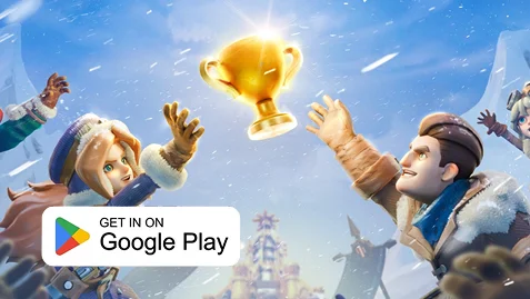 Rajzfilmszerű téli kalandfigurák ünnepelnek és arany trófeáért nyúlnak egy havas ünnepi jelenetben - Töltse le a Whiteout Survival-t