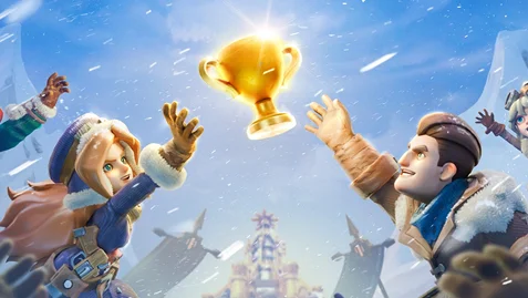 Rajzfilmszerű téli kalandfigurák ünnepelnek és arany trófeáért nyúlnak egy havas ünnepi jelenetben.