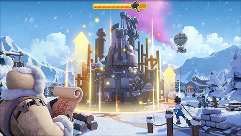 Havas stratégiai játék jelenet, amelyben a játékosok egy téli erődítményt fejlesztik, ragyogó építési effektekkel és jeges hegyek háttérrel.