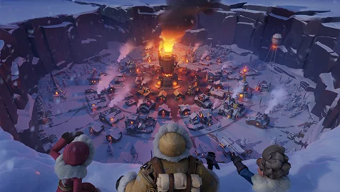 Filmes téli stratégiai játék városi áttekintés éjszaka, ragyogó központi toronnyal, havas falusi épületekkel és meleg fényekkel egy fagyos hegyi völgyben.