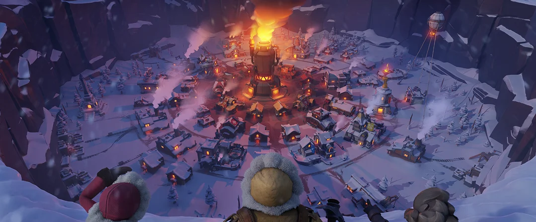 Filmes téli stratégiai játék városi áttekintés éjszaka, ragyogó központi toronnyal, havas falusi épületekkel és meleg fényekkel egy fagyos hegyi völgyben.