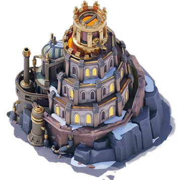 Részletes 3D-s renderelés egy téli témájú erődítményről, ragyogó ablakokkal és ipari elemekkel, havas sziklaalapzaton.